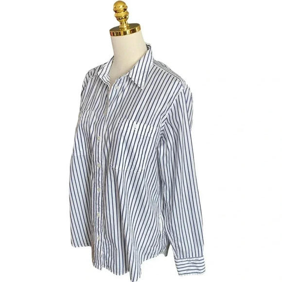 LAUREN RALPH LAUREN | Navy/White Long Sleeve Striped Button Up Cotton Shirt L - Picture 5 of 10